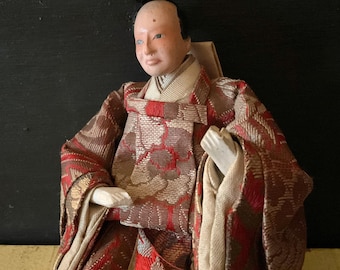 Antique Japanese Emperor Hina Doll Figure, Seated, Fabric Kimono
