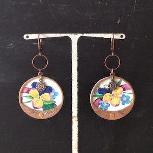 Large Upcycled Vintage Tin Earrings, Repurposed Pansy Floral Tin Earrings, Copper