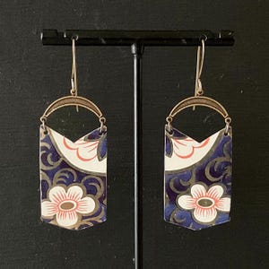 Recycled Floral Tin Earrings, Repurposed Vintage Tin with Brass, Blue, Gold & Orange, Lightweight