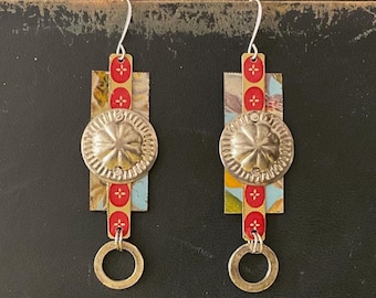 Long Layered Vintage Tin Earrings, Silver, Rustic