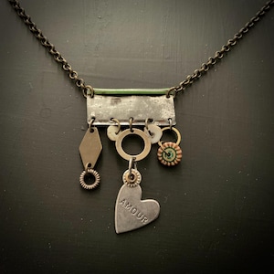 Recycled Necklace, Assemblage Tin Pendant, Mixed Metal, Beads, 25&quot;