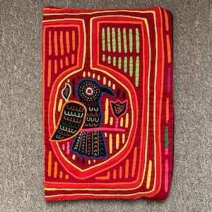 Colorful Vintage Parrot Mola, Handmade Textile, Lined Pillow Case or Bag, Zipper