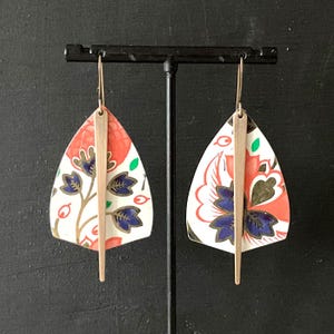 Upcycled Vintage Tin Earrings and Brass Spikes, Repurposed Floral Tin, Lightweight