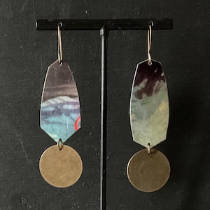 Long Recycled Vintage Tin Drop Earrings, Abstract Image and Shape, Repurposed Rustic Tin, Lightweight