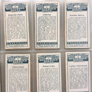 May include: A set of vintage Wills's Cigarettes "Household Hints" cards, offering practical advice on household tasks such as removing stains, soldering, and building a valance-board. Each card has text and a decorative border.
