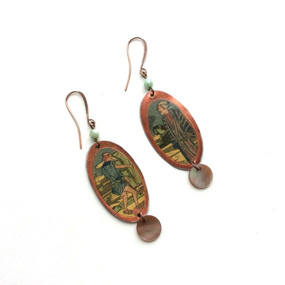 Recycled tin Asian inspired dangle earring with brass and copper