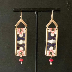 Vintage Tin & Brass Bar Earrings, Orange, Blue, Gold Floral, Beads