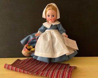Vintage Madame Alexander Colonial Girl Doll, Bent Knee Walker, 1960s Original Tag Basket