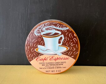 Round Vintage Cafe Espresso Candy Drops, Made in France, Empty Tin