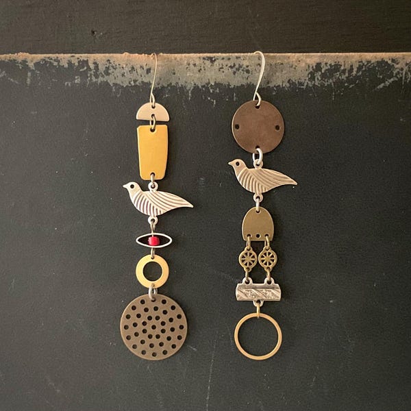 Mixed Metal Assorted Charm Earrings, Asymmetrical, Mismatched, Birds, 3”