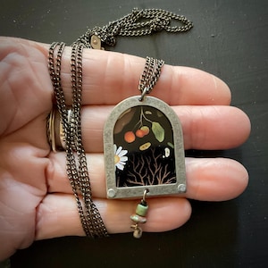 Recycled Tin in Silver Framed Necklace, Plants & Flowers, 22" Double Chain