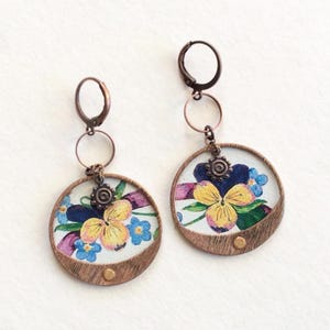 Upcycled Vintage Tin Earrings, Repurposed Pansy Floral Tin Earrings, Copper