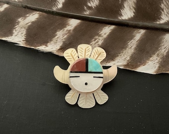 Vintage Native American, Zuni, Indigenous Peoples Brooch, Inlaid Sun Face on Mother of Pearl