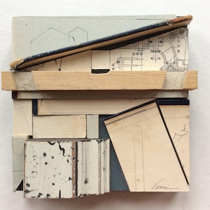 Original Assemblage, Upcycled Mixed Media, Repurposed Book Covers and Wood Pieces, Altered Art, 4.75&quot; x 4.75&quot;