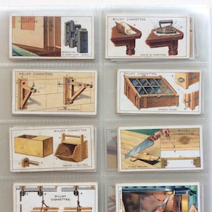 May include: A selection of vintage Wills's Cigarettes trade cards, showcasing illustrations and diagrams related to home improvement and carpentry. The cards illustrate various tools and techniques, such as fixing doors, cycle brackets, and garden frame construction.