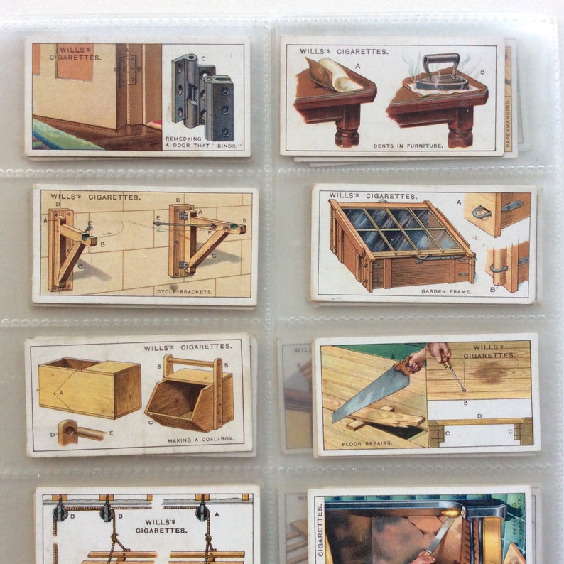 May include: A selection of vintage Wills's Cigarettes trade cards, showcasing illustrations and diagrams related to home improvement and carpentry. The cards illustrate various tools and techniques, such as fixing doors, cycle brackets, and garden frame construction.