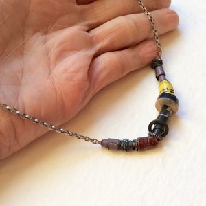 Upcycled Tin Wrap Bead Necklace, Mixed Metal, 19.5”, Antiqued Silver Tone Chain