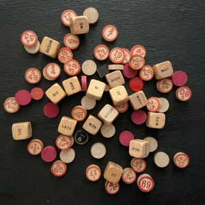 Vintage Lot of 4 Sided Word and Bingo Game Pieces, Wood