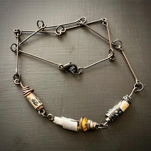 Upcycled Rustic Tin Wrap Bead Necklace, Mixed Metal, 17”,