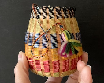 Striped Vintage Woven Basket with Yarn Tassels
