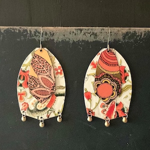 Upcycled Layered Floral Tin Earrings, Repurposed Vintage Tins, Oranges & Gold, Beads, Lightweight