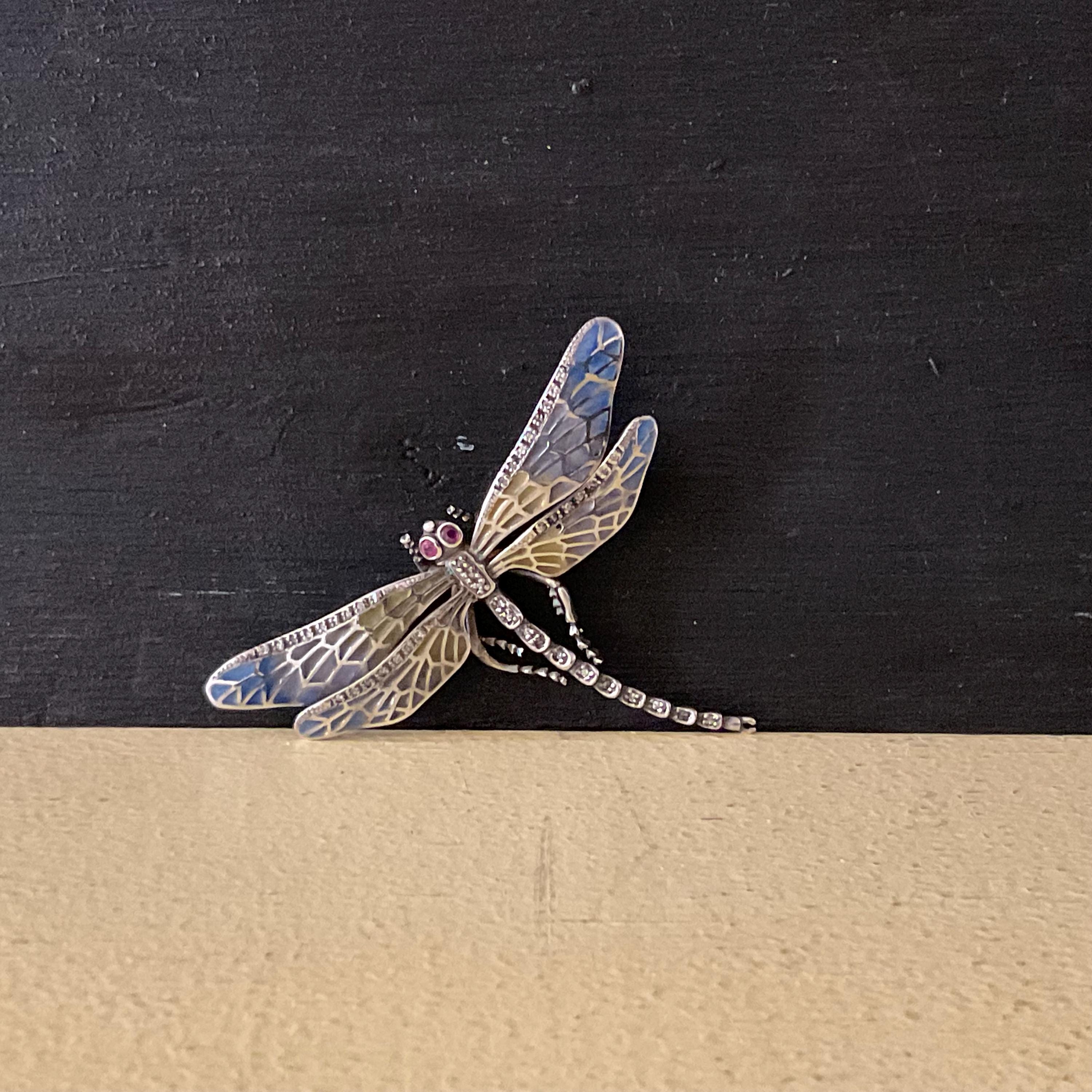 Vintage Dragonfly Brooch, Plique-á-jour Enamel, Sterling