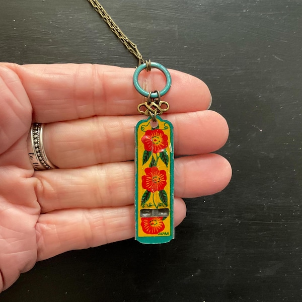 Vintage Japanese Tin Whistle Pendant Necklace, 19”, Floral Tin
