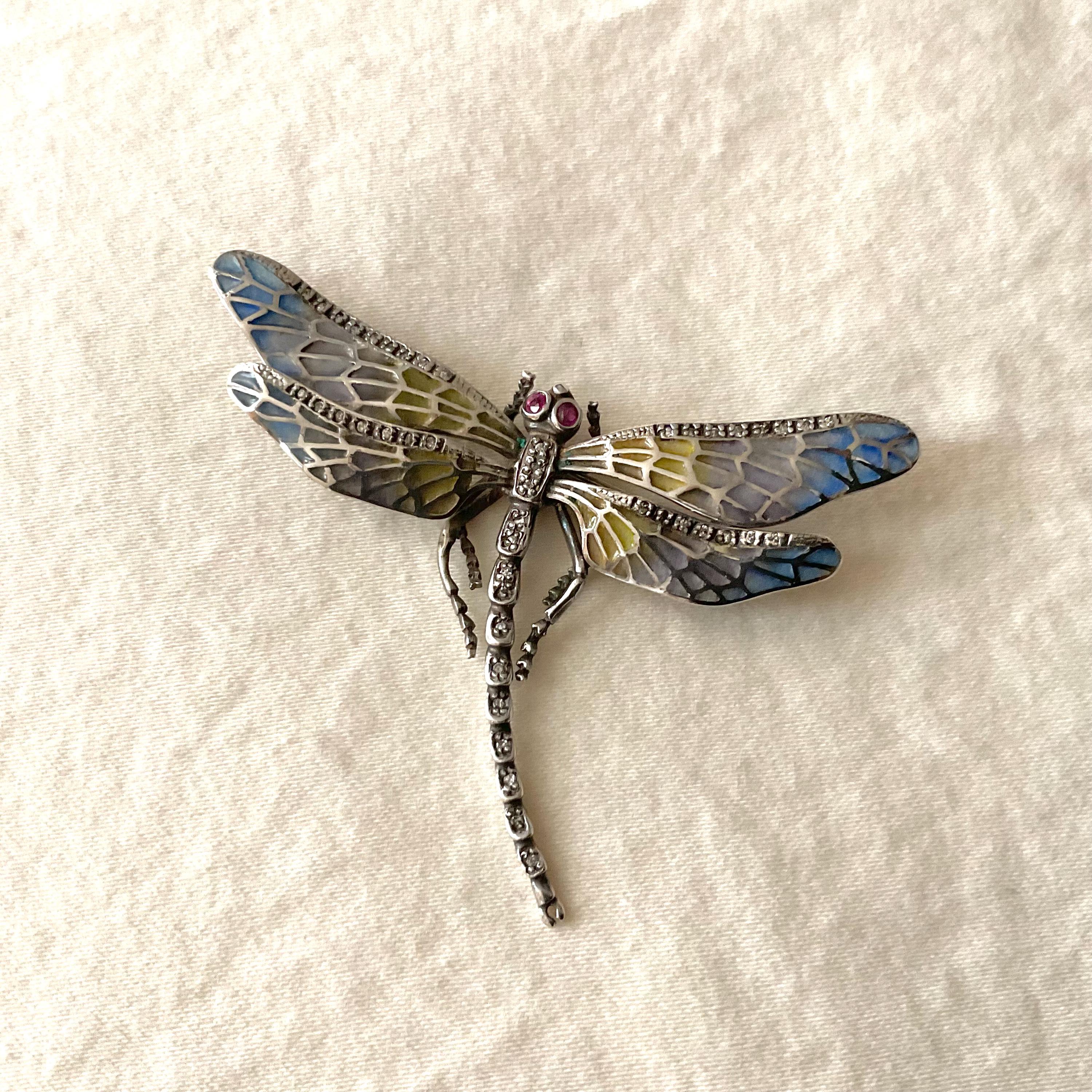 Vintage Dragonfly Brooch, Plique-á-jour Enamel, Sterling