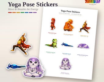 Puede incluir: Una hoja imprimible de pegatinas Yoga Pose Stickers con animales ilustrados que incluyen un dragón rojo, fénix naranja, león amarillo, rana verde, pavo real azul, unicornio morado y un búho blanco, todos realizando posturas de yoga.