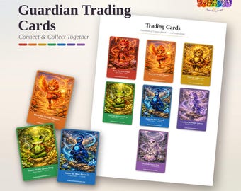 Puede incluir: Un conjunto de tarjetas coleccionables imprimibles Guardian Trading Cards de Chakra Island Animal Diaries. La colección presenta coloridas criaturas fantásticas, incluyendo un dragón rojo, fénix naranja, león amarillo, rana verde, pavo real azul, unicornio morado y un búho nival.