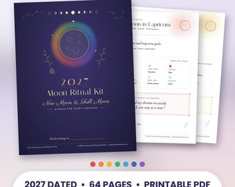Puede incluir: Un kit de ritual lunar 2027 en PDF imprimible de 64 páginas. La portada azul oscuro presenta un gráfico de luna con colores de arcoíris, detalles de estrellas doradas y el texto 2027 Moon Ritual Kit New Moon & Full Moon. Incluye páginas interiores.