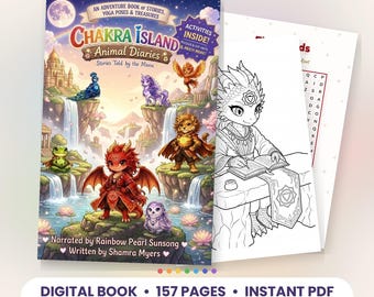 Puede incluir: Un libro digital titulado Chakra Island Animal Diaries con ilustraciones coloridas de criaturas fantásticas en la portada, incluyendo un dragón, un león y un búho. El libro incluye 157 páginas de historias, páginas para colorear y sopas de letras.