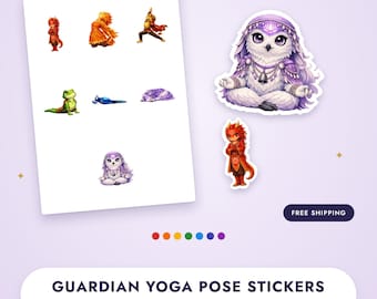 Puede incluir: Una hoja de pegatinas y dos pegatinas individuales troqueladas con ilustraciones de criaturas fantásticas en posturas de yoga. La hoja muestra siete personajes pequeños, mientras que las pegatinas más grandes muestran un búho morado y un dragón rojo.