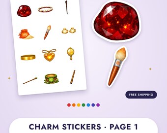 Puede incluir: Una hoja de pegatinas titulada CHARM STICKERS PAGE 1 que presenta varias ilustraciones, incluyendo una gran piedra preciosa roja, un pincel, un anillo dorado, un colgante de corazón, un espejo, una bolsa y un caldero verde.
