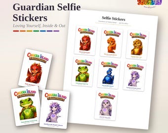 Puede incluir: Una hoja imprimible de pegatinas selfie de Chakra Island Animal Diaries con ocho personajes distintos, incluyendo un dragón rojo, un fénix naranja, un león amarillo, una rana verde, un pavo real azul, un unicornio morado y un búho blanco.
