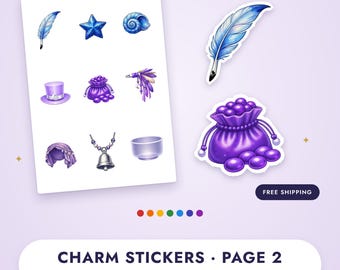 Puede incluir: Una hoja de pegatinas titulada CHARM STICKERS PAGE 2 con ilustraciones de una pluma azul, estrella, concha, sombrero de copa morado, bolsa de gemas, varita, tocado, collar con campana y cuenco, junto a dos pegatinas troqueladas de pluma y bolsa.