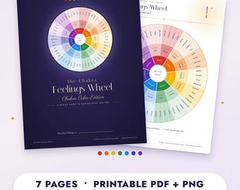 Puede incluir: Un documento digital imprimible titulado The Chakra Feelings Wheel Chakra Color Edition, que presenta un gráfico circular de emociones codificado por colores. La portada morada oscura muestra el título y una rueda, mientras la segunda página es blanca.