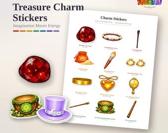 Puede incluir: Una hoja imprimible de pegatinas Treasure Charm con ilustraciones de un rubí, corona, bastón, bolsa de arena, pincel, clips, banda, relicario de corazón, espejo, tambor y flauta, incluyendo el texto Chakra Island Animal Diaries.