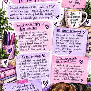 May include: An educational infographic titled Why does it happen? featuring text about Demand Avoidance and PDA. The design includes purple and pink notes, a mug labeled Same Good Intentions Different Brain, a pen holder, books, and a sleeping dog.