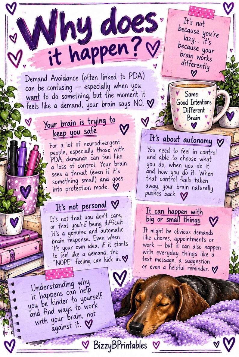 May include: An educational infographic titled Why does it happen? featuring text about Demand Avoidance and PDA. The design includes purple and pink notes, a mug labeled Same Good Intentions Different Brain, a pen holder, books, and a sleeping dog.