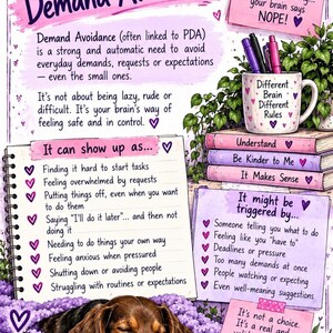 May include: An educational infographic titled What is Demand Avoidance? featuring text about PDA, a mug labeled Different Brain Different Rules, stacked books, a notepad with a list of symptoms, and a brown dachshund sleeping on a purple blanket.