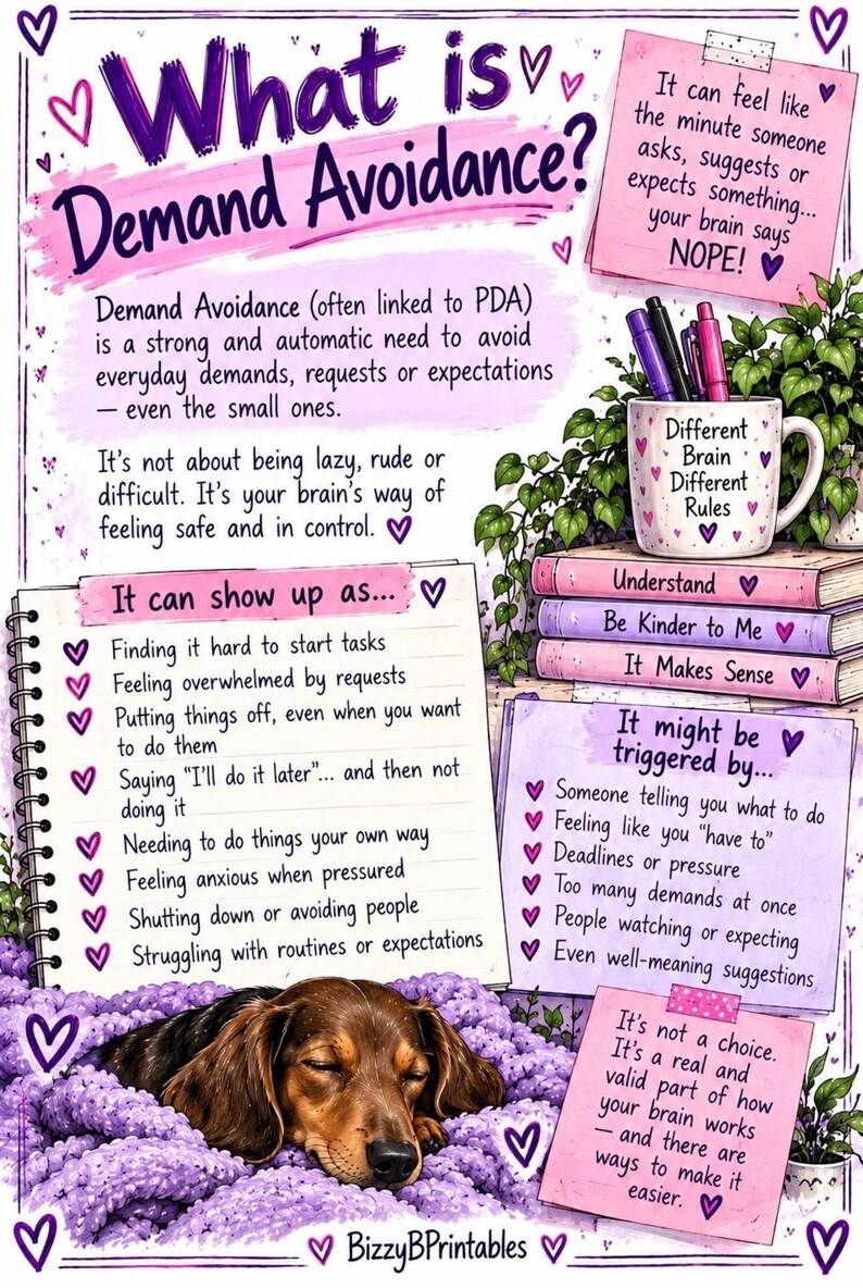 May include: An educational infographic titled What is Demand Avoidance? featuring text about PDA, a mug labeled Different Brain Different Rules, stacked books, a notepad with a list of symptoms, and a brown dachshund sleeping on a purple blanket.