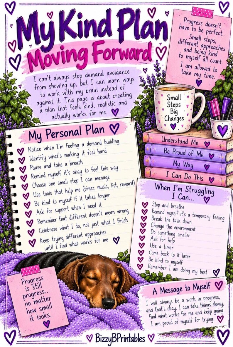 May include: A digital illustration titled My Kind Plan Moving Forward featuring a checklist, a stack of books with titles like Understand Me and My Way, a mug labeled Small Steps Big Changes, and a sleeping brown dog surrounded by purple flowers.