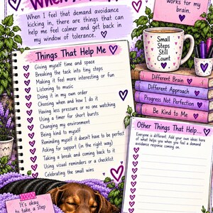 May include: An illustrated informational poster titled What Helps Me When It Happens, featuring a checklist of coping strategies, a stack of books with motivational text, a mug, and a brown dog resting on a bed of purple flowers and green leaves.