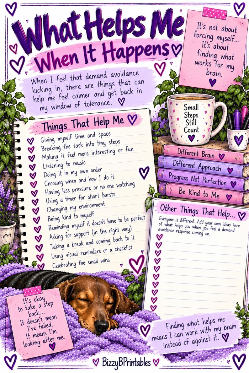 May include: An illustrated informational poster titled What Helps Me When It Happens, featuring a checklist of coping strategies, a stack of books with motivational text, a mug, and a brown dog resting on a bed of purple flowers and green leaves.