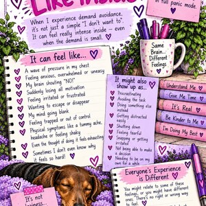 May include: An educational infographic titled What It Feels Like Inside, featuring purple and pink text, a mug labeled Same Brain... Different Feelings, a sleeping dachshund on purple flowers, and lists describing demand avoidance with heart accents.