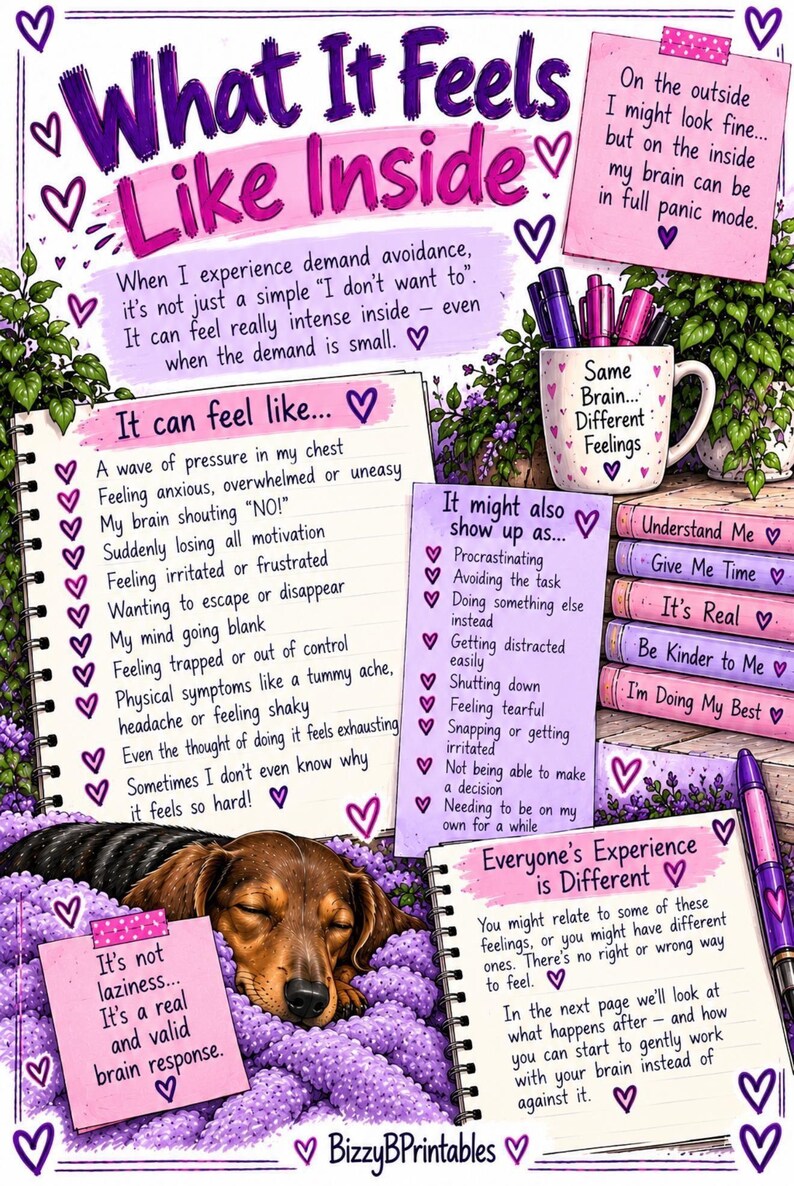 May include: An educational infographic titled What It Feels Like Inside, featuring purple and pink text, a mug labeled Same Brain... Different Feelings, a sleeping dachshund on purple flowers, and lists describing demand avoidance with heart accents.
