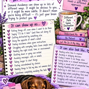 May include: An educational infographic titled How It Shows Up In Everyday Life, featuring lists about demand avoidance, a coffee mug with the text Different Path Same Destination, and a brown dachshund resting on a bed of purple flowers.