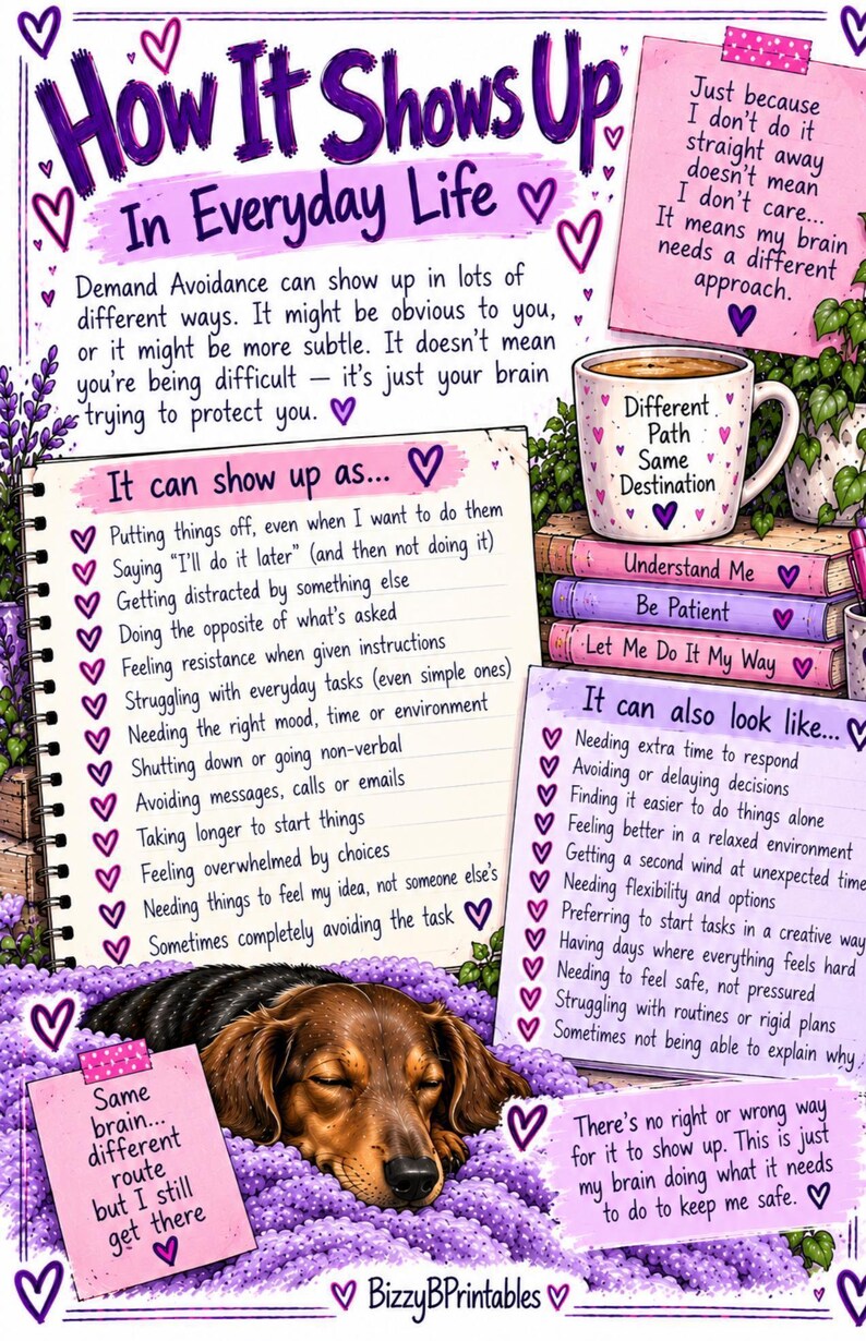 May include: An educational infographic titled How It Shows Up In Everyday Life, featuring lists about demand avoidance, a coffee mug with the text Different Path Same Destination, and a brown dachshund resting on a bed of purple flowers.