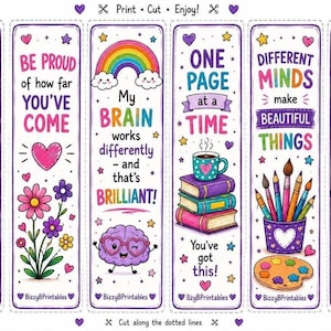 Op de afbeelding: Zes verticale bladwijzers met kleurrijke illustraties en motiverende teksten. De ontwerpen bevatten een lachend brein, een regenboog, een stapel boeken met een koffiemok, penselen in een beker en een maansikkel, allemaal met stippellijnen.